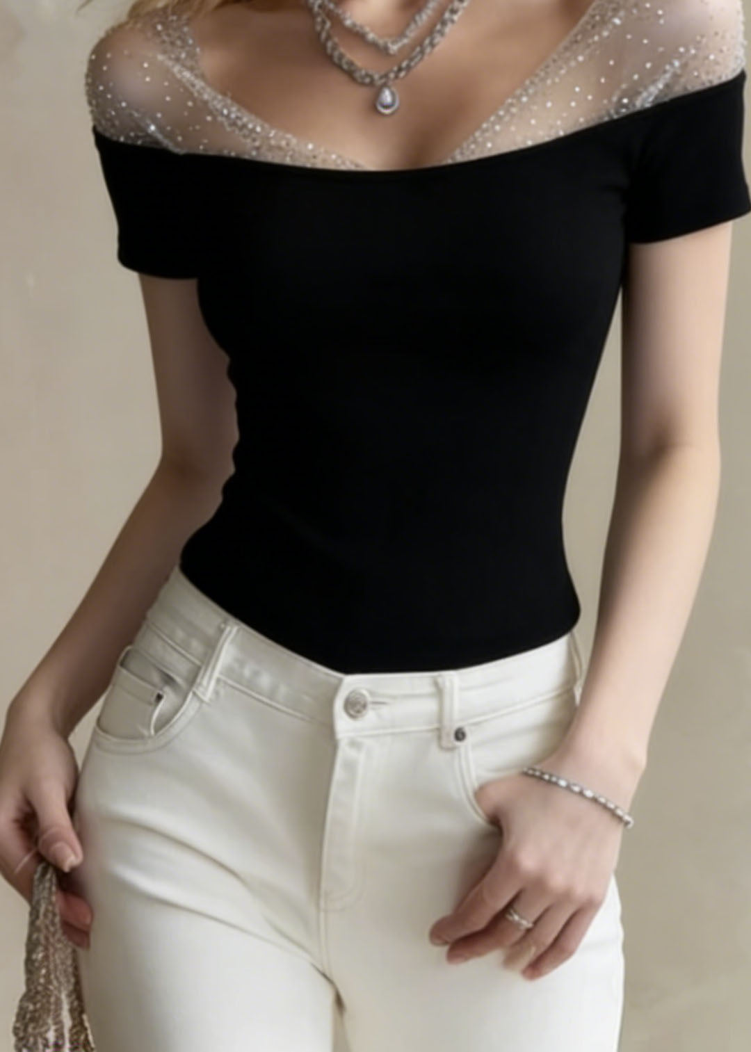 Elegant Black Tulle Zircon Patchwork Cotton Top Summer