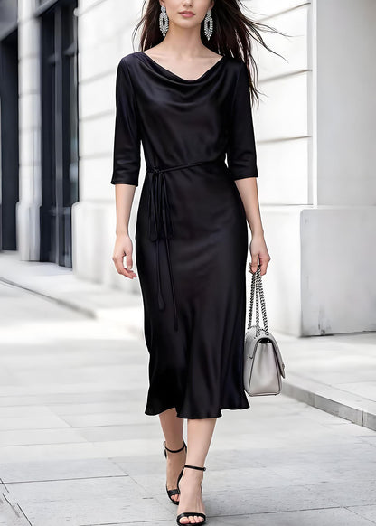 Elegant Black Turtle Neck Lace Up Silk Dress Summer