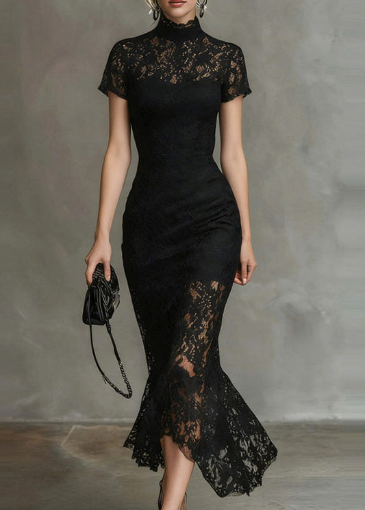 Elegant Black Turtleneck Lace Long Dresses Short Sleeve