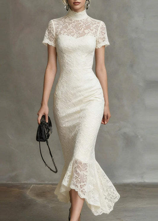 Elegant Black Turtleneck Lace Long Dresses Short Sleeve