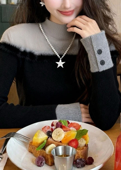 Elegant Black Turtleneck Patchwork False Two Pieces Knit Sweater Winter