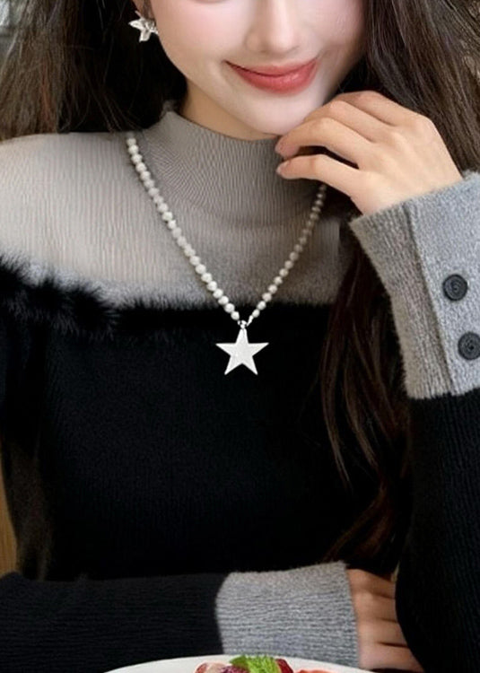 Elegant Black Turtleneck Patchwork False Two Pieces Knit Sweater Winter