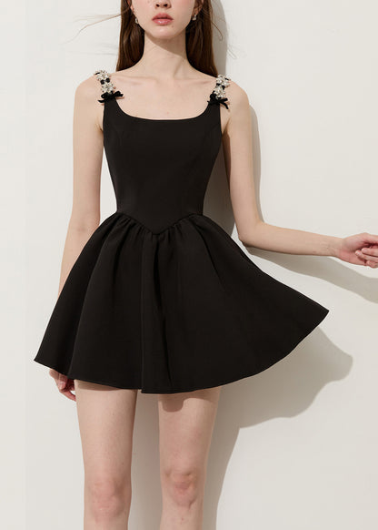 Elegant Black U Neck Flower Rhinestone Cotton Mini Dress Summer