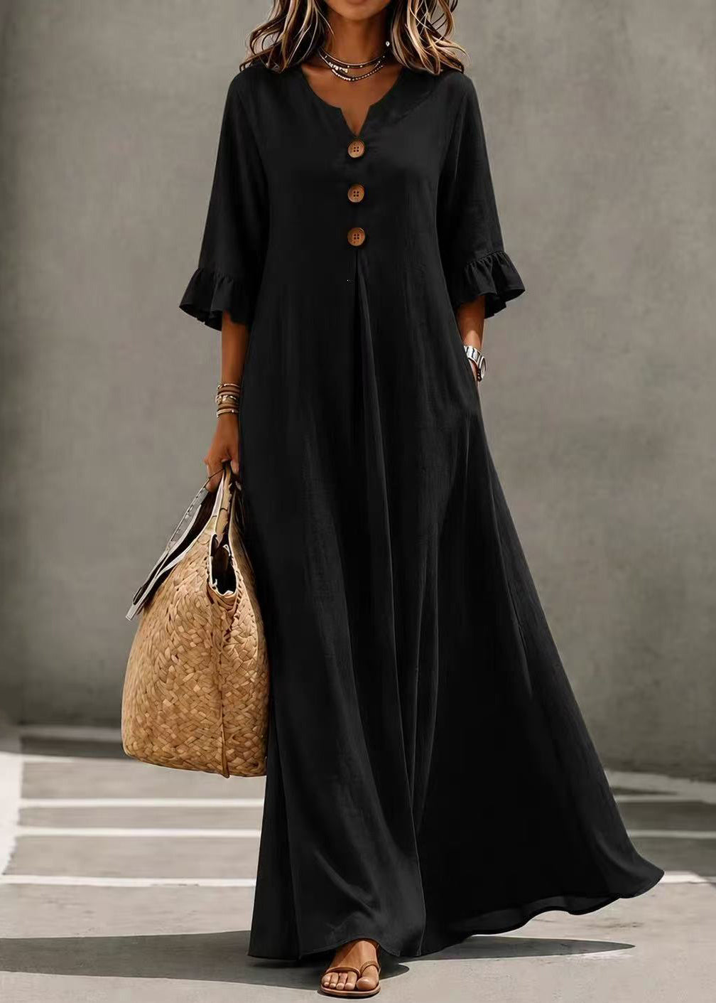 Elegant Black V Neck Button Exra Large Hem Long Dress Butterfly Sleeve