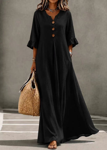 Elegant Black V Neck Button Exra Large Hem Long Dress Butterfly Sleeve