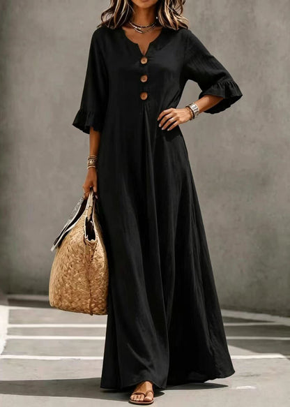 Elegant Black V Neck Button Exra Large Hem Long Dress Butterfly Sleeve