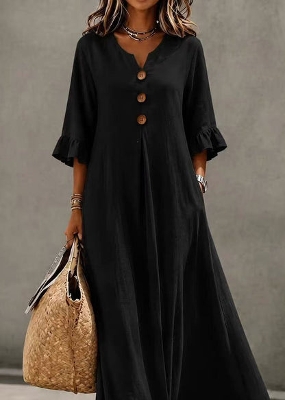 Elegant Black V Neck Button Exra Large Hem Long Dress Butterfly Sleeve