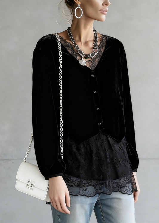 Elegant Black V Neck Lace Patchwork Velour Shirt Spring