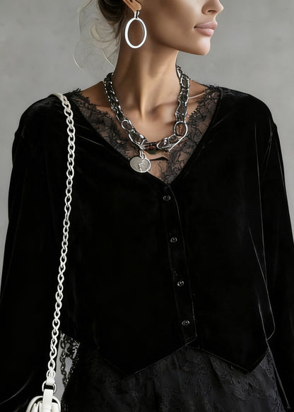 Elegant Black V Neck Lace Patchwork Velour Shirt Spring