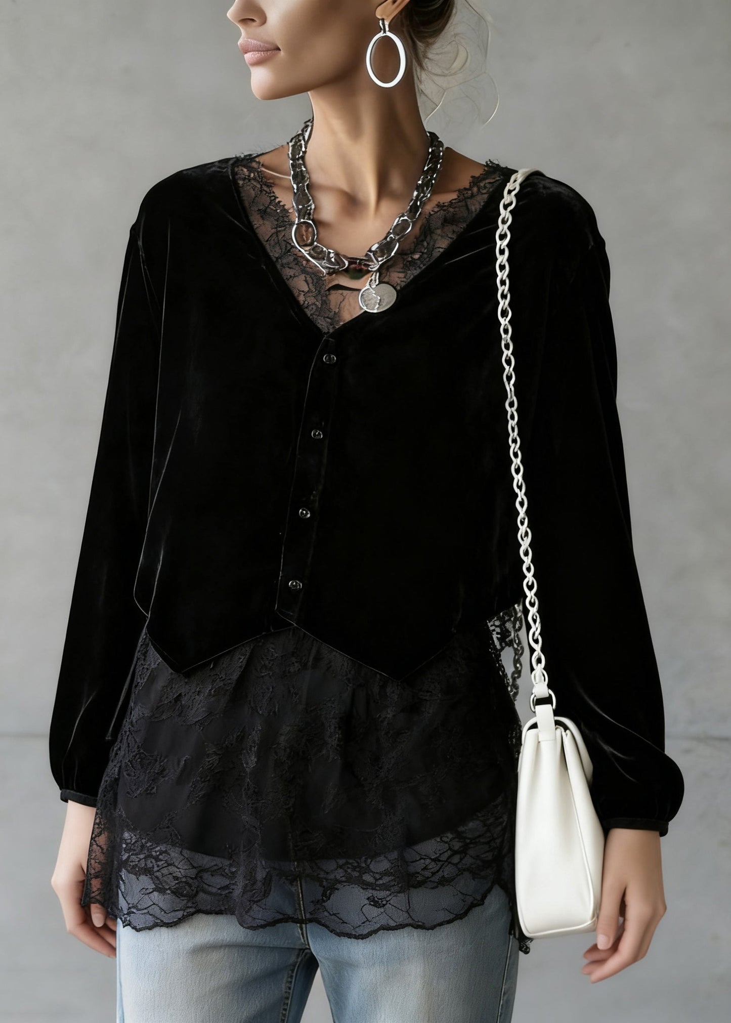 Elegant Black V Neck Lace Patchwork Velour Shirt Spring