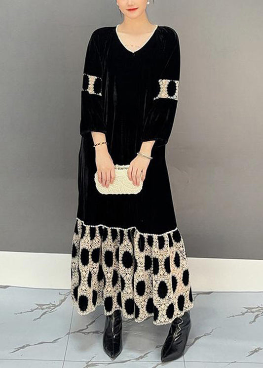 Elegant Black V Neck Patchwork Holiday Long Dress Fall