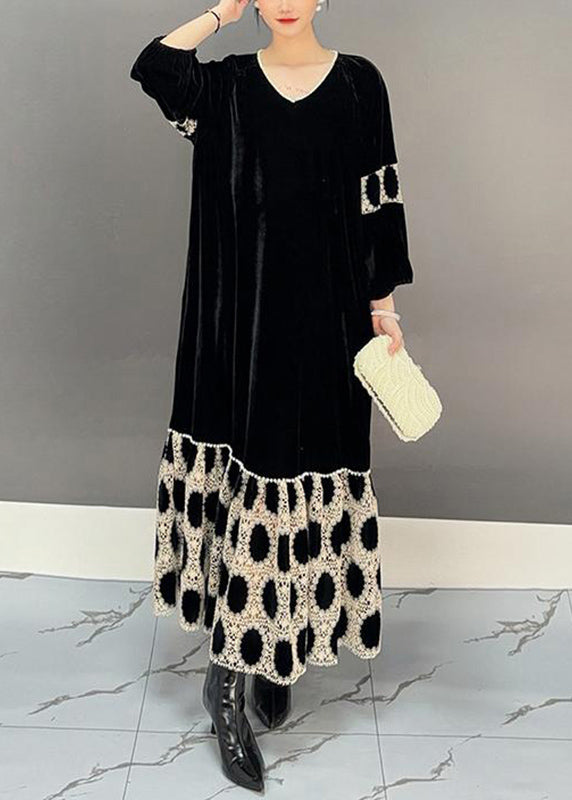 Elegant Black V Neck Patchwork Holiday Long Dress Fall