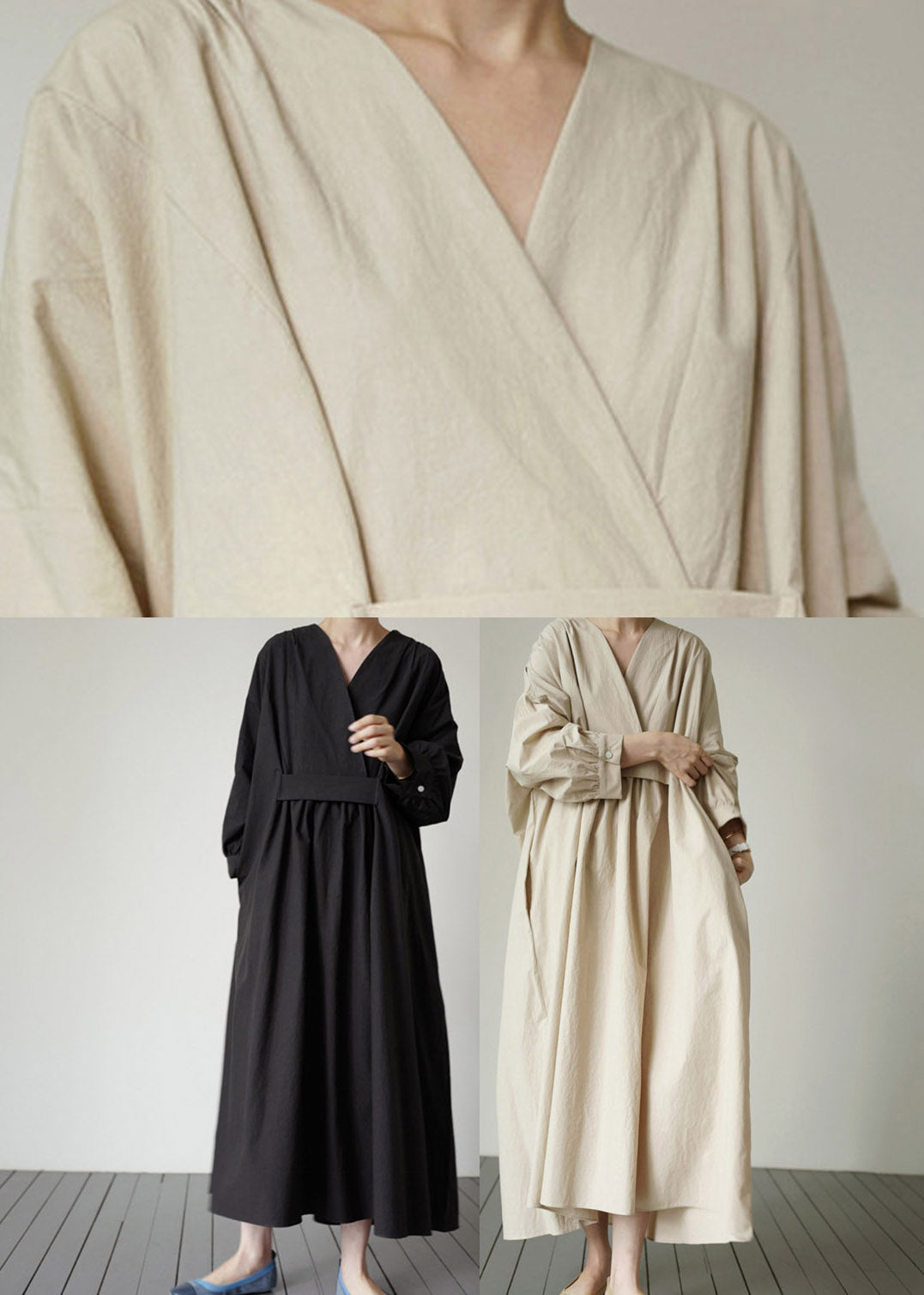 Elegant Black V Neck Pockets Cotton Dresses Long Sleeve