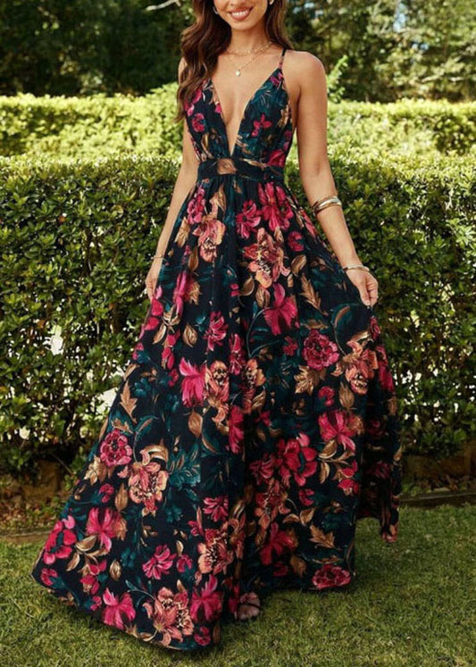 Elegant Black V Neck Print Chiffon Spaghetti Strap Dress Summer