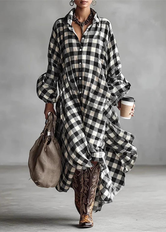 Elegant Black White Plaid Low High Design Cotton  Maxi Dresses Long Sleeve