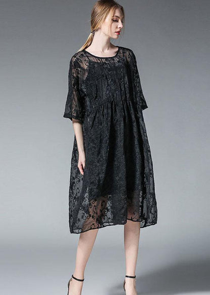Elegant Black Wrinkled Hollow Out Summer Dress - SooLinen