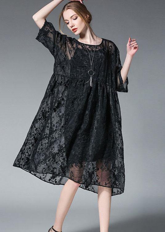 Elegant Black Wrinkled Hollow Out Summer Dress - SooLinen