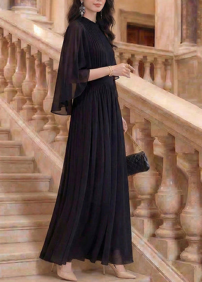 Elegant Black Wrinkled Patchwork Chiffon Dress Summer