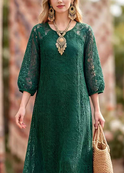 Elegant Blackish Green O Neck Hollow Out Lace Dresses Summer