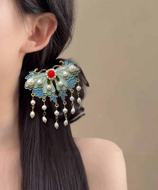 Elegant Blue Alloy Butterfly Enameling Pearl Tassel Hairpin