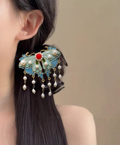 Elegant Blue Alloy Butterfly Enameling Pearl Tassel Hairpin