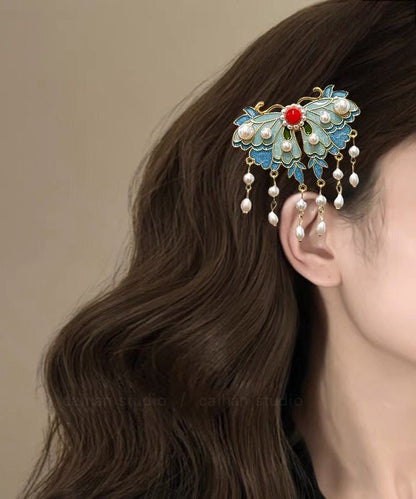 Elegant Blue Alloy Butterfly Enameling Pearl Tassel Hairpin