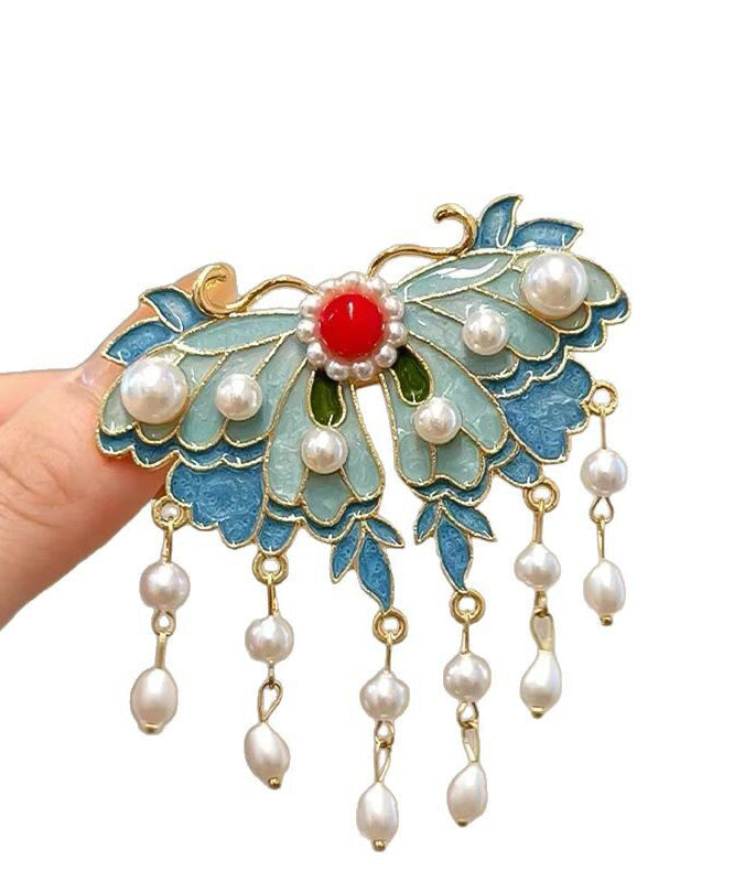 Elegant Blue Alloy Butterfly Enameling Pearl Tassel Hairpin