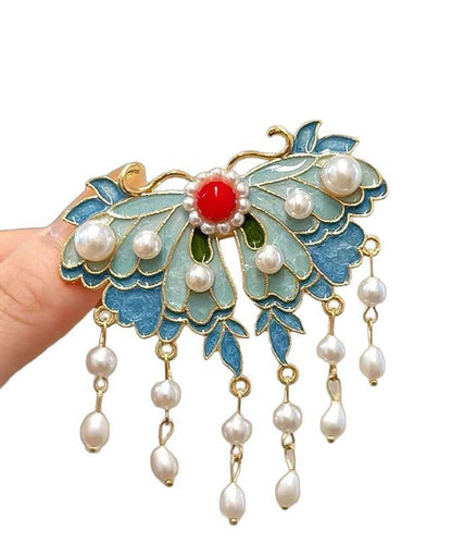 Elegant Blue Alloy Butterfly Enameling Pearl Tassel Hairpin