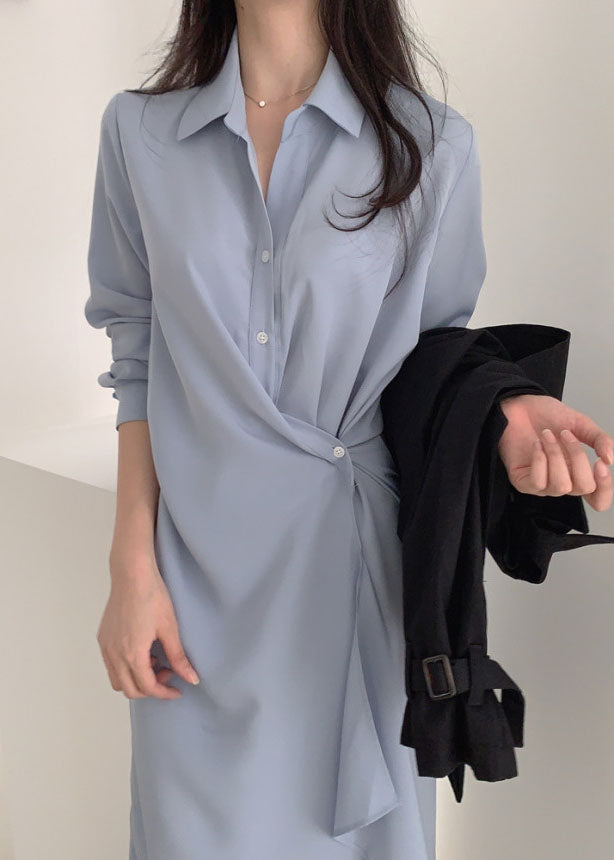 Elegant Blue Asymmetrical Cotton Holiday Dress Long Sleeve