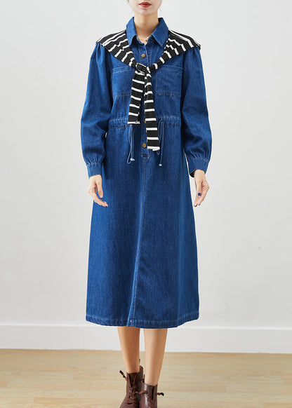 Elegant Blue Cinched Give Shawl Denim Long Dress Fall