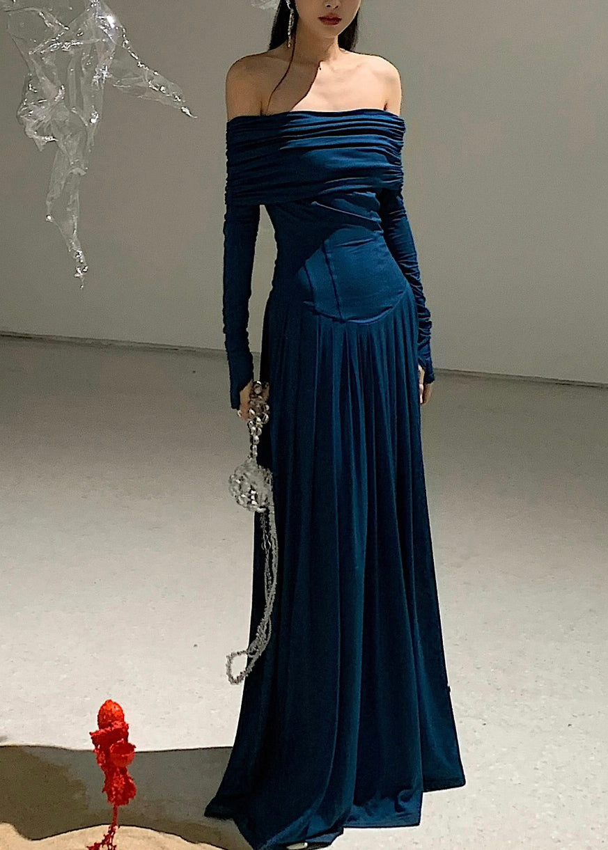 Elegant Blue Cold Shoulder Flattering Maxi Dress Spring