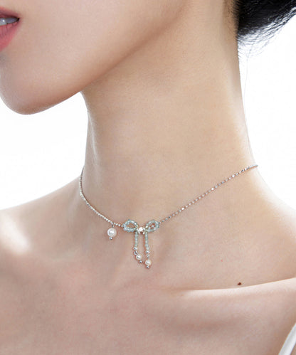 Elegant Blue Crystal Bow Pearl Silver Choker