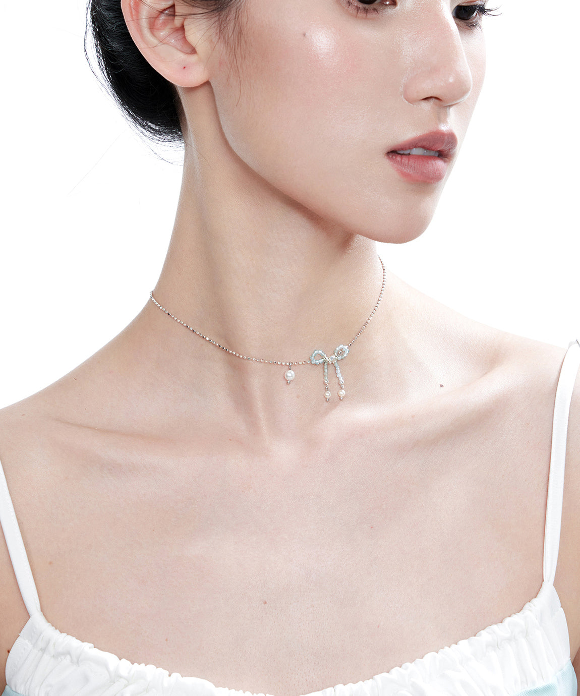 Elegant Blue Crystal Bow Pearl Silver Choker