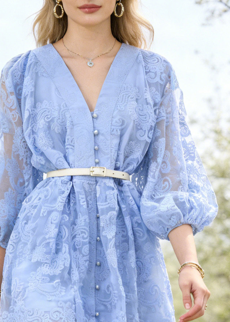 Elegant Blue Embroidered Sashes Cotton Mini Dresses Lantern Sleeve