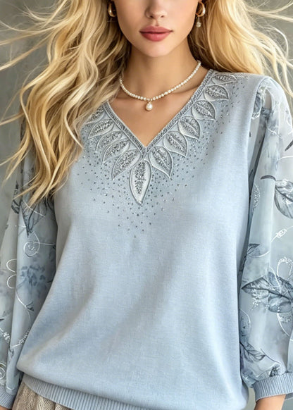 Elegant Blue Embroidered Zircon Knit Top Bracelet Sleeve