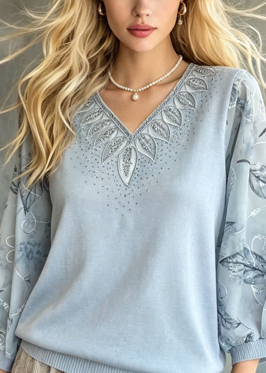 Elegant Blue Embroidered Zircon Knit Top Bracelet Sleeve