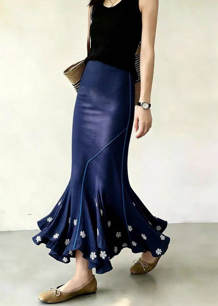 Elegant Blue Floral Asymmetrical High Waist Mermaid Skirt Fall