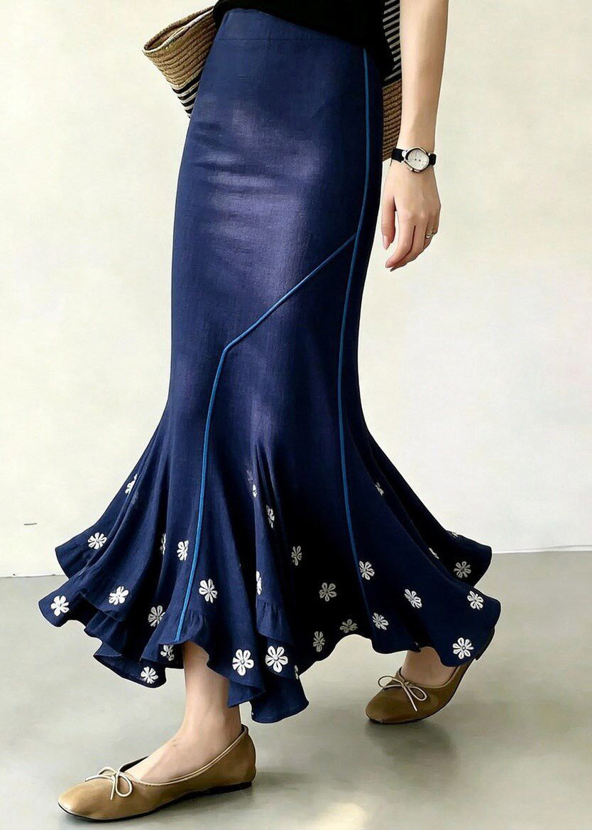 Elegant Blue Floral Asymmetrical High Waist Mermaid Skirt Fall