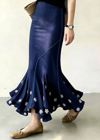 Elegant Blue Floral Asymmetrical High Waist Mermaid Skirt Fall