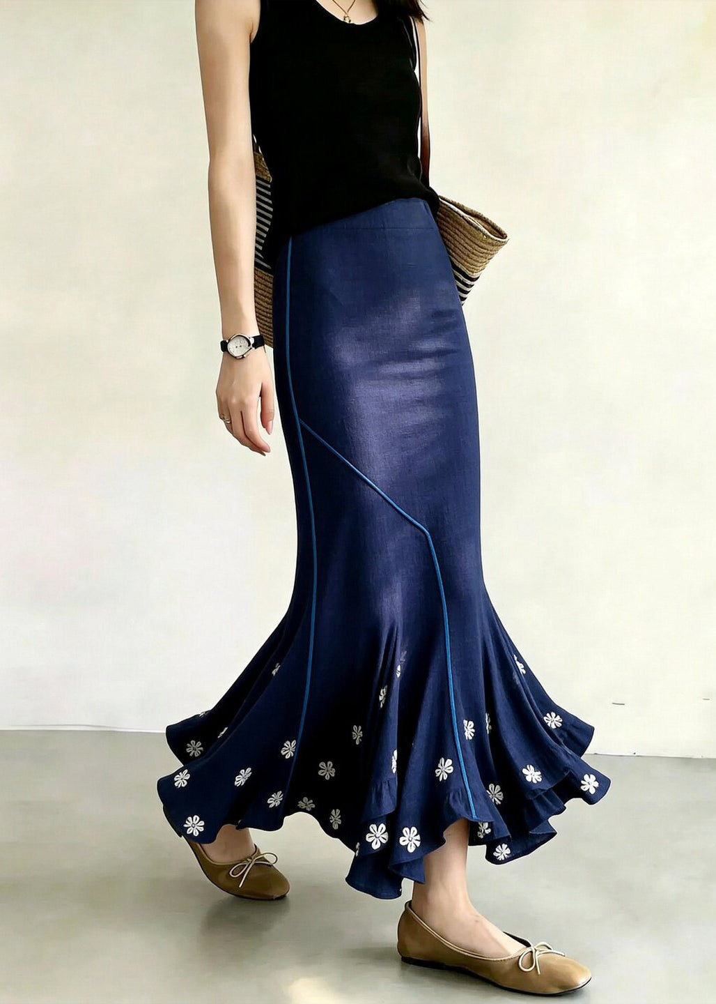 Elegant Blue Floral Asymmetrical High Waist Mermaid Skirt Fall