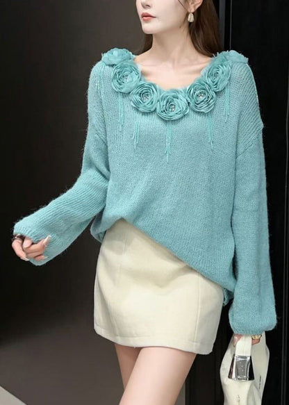 Elegant Blue Floral Zircon Patchwork Knit Sweaters Fall