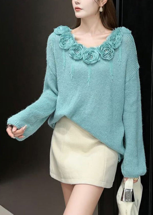 Elegant Blue Floral Zircon Patchwork Knit Sweaters Fall