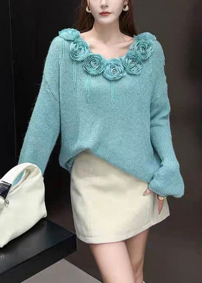 Elegant Blue Floral Zircon Patchwork Knit Sweaters Fall