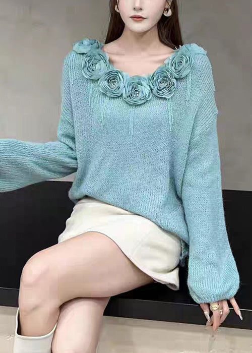 Elegant Blue Floral Zircon Patchwork Knit Sweaters Fall