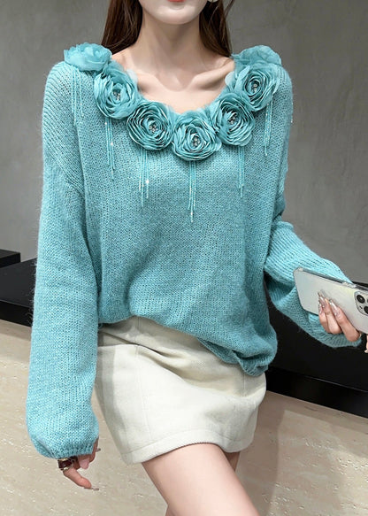 Elegant Blue Floral Zircon Patchwork Knit Sweaters Fall
