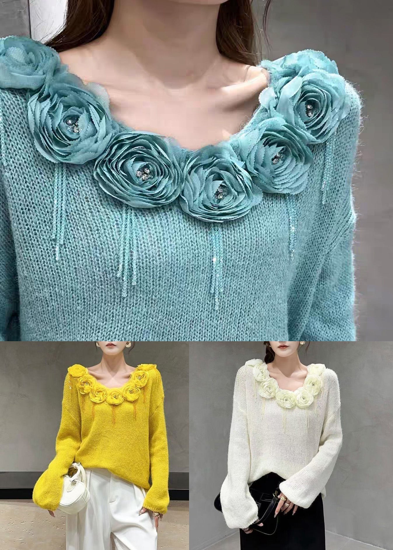 Elegant Blue Floral Zircon Patchwork Knit Sweaters Fall
