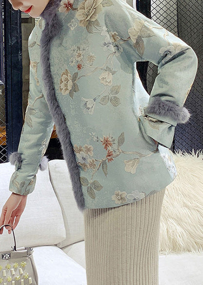 Elegant Blue Fur Collar Embroideried Warm Fleece Parka Winter