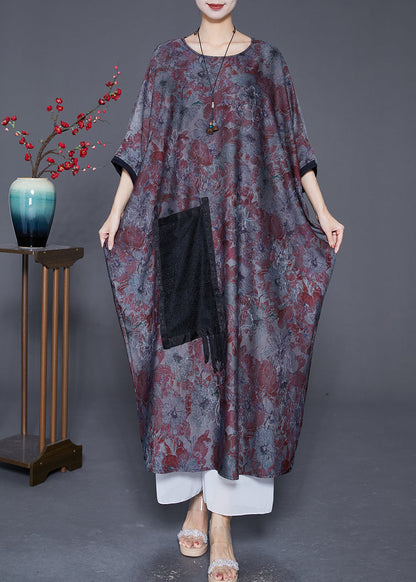 Elegant Blue Grey Oversized Patchwork Tassel Silk Dresses Batwing Sleeve