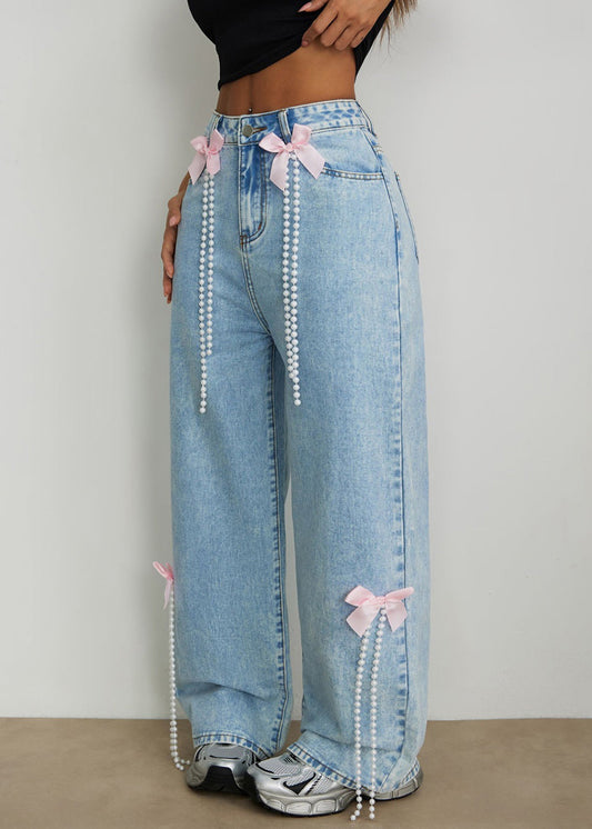 Elegant Blue High Waist Bow Pearl Tassel Wide Leg Jeans