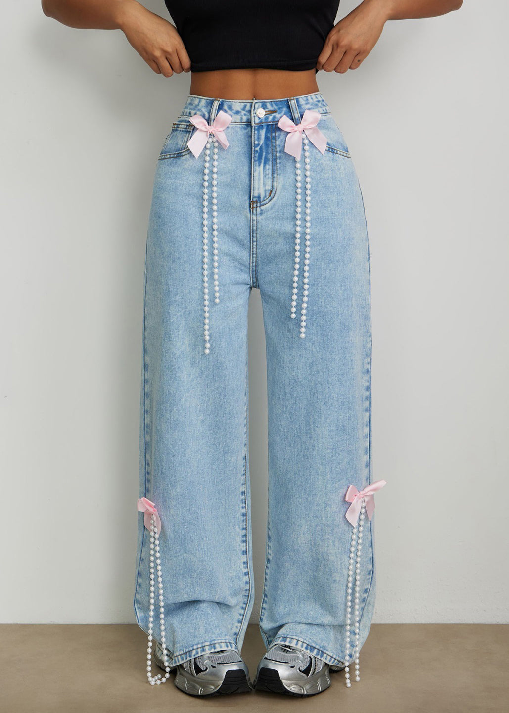 Elegant Blue High Waist Bow Pearl Tassel Wide Leg Jeans